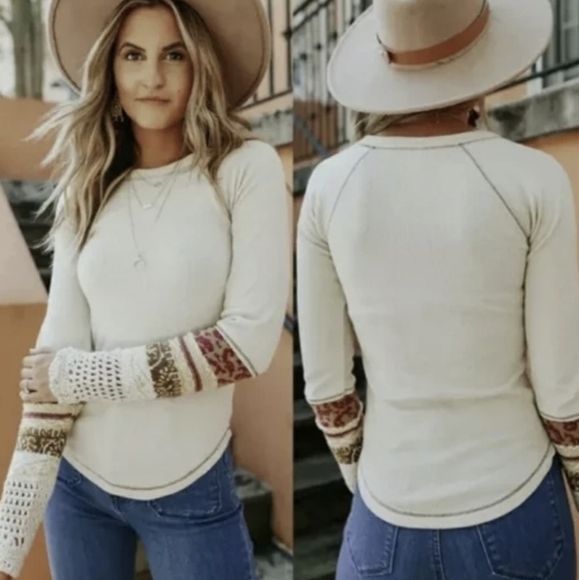 NWT Free People Mix Thermal Cuff Long Sleeve Y2K Top women boho - Picture 1 of 12